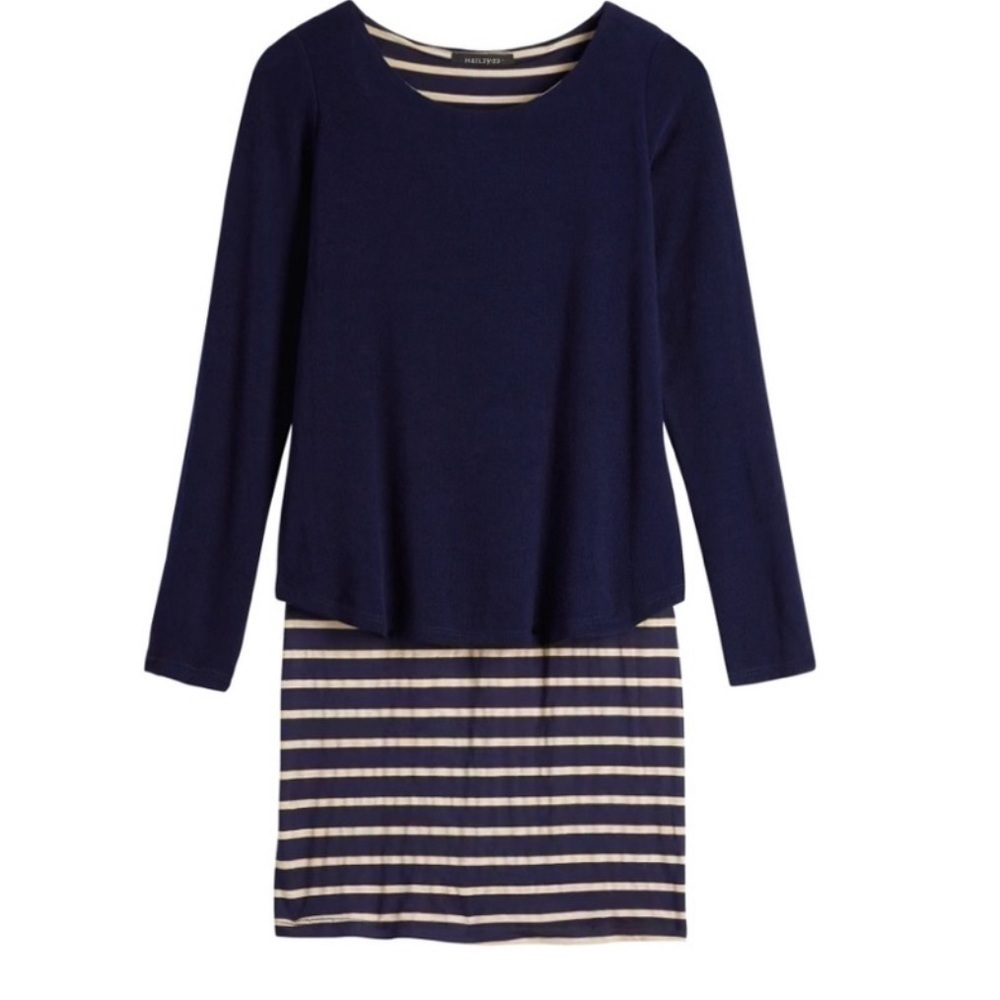 Hail3y 23 Striped Dress with Attached Navy Sweater Overlay & Open Back Size M